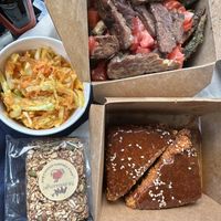 (top left to right) Slaw, Bacon Ranch Fries (no Ranch or green onion), Tofu Bites (Sesame Ginger), Apple Cinnamon Granola Bar    at Green Street Eatery in Levittown