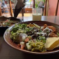 Grain bowl and aubergine dipper (back left)  at Ahimsa Sanctuary in Central Singapore