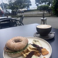 Bagel vegano & café con leche aveno  at WE Sustainability Café in A Coruna
