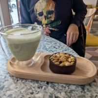 Peanut chocolate tart with matcha at Firefly's  in Lviv
