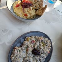 Fava beans vegan, Melitzanosalata not vegan at The Big Bad Wolf in Skiathos