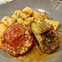 Stuffed tomato and stuffed pepper with Greek potatoes   at The Big Bad Wolf in Skiathos