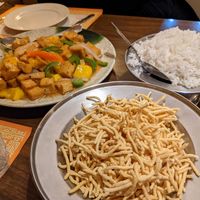 Mango tofu, side of rice, chow mein noodles at Chef Shangri-La in Riverside