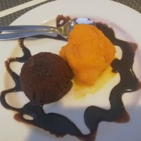 Chocolate pudding and sorbet at Louro & Salsa in Albufeira