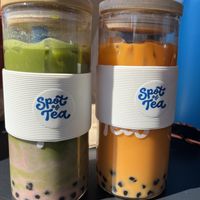 Strawberry matcha and Thai blossom (discount for using reusable cup!)   at Spot of Tea in Washington