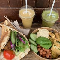 Falafel flatbread, Buddha bowl and smoothies  at Kimmie's Kitchen in Ware