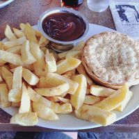 Spicy cauliflower and lentil pie with gravy at Papa's Fish and Chips in Cleethorpes
