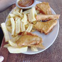 Tofish and chips with curry sauce at Papa's Fish and Chips in Cleethorpes