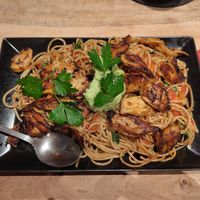 Spaghetti California mit veganem Hähnchenfleisch at Glashaus in Bad Schoenborn