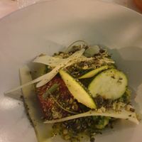 Zucchini and pickled watermelon starter with vegan parmesan at Le Jardin in Utrecht