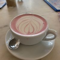 Pink latte with oat milk at Dear Breakfast in Lisbon