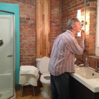 BNB bathroom with Fitz as model at Lager House in Detroit