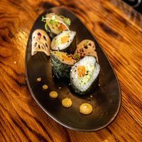 Amazing vegan sushi options including this sweet potato and smashed edamame one.  at Sushea in Newquay