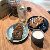Elderflower lemonade, chai latte, banana bread and pumpkin pie.  at Botania in Utrecht