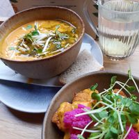 Vegan pumpkin soup and crispy caulifower at Botania in Utrecht