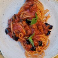 Pasta Norma without the cheese makes it vegan at DOC in Catania