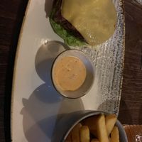 Beyond burger (sans bun) vegan peri peri mayo and hot chips   at Dirty Duck in Stratford-upon-avon