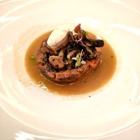 Spring Pea & Mushroom Roulade: tri peppercorn-cognac sauce,  jungle plum, truffle quenelle, porcini mushroom at Elizabeth's in Washington