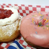 Jam and cream doughnut and stawberry glazed and sprinkled doughnut at Future Doughnuts in Bristol