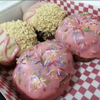 Pink iced doughnuts, and PB&J doughnuts at Future Doughnuts in Bristol