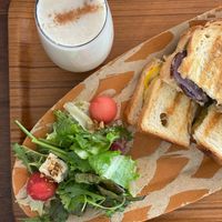 Sandwich (root veg option) + iced ginger oat milk at Qyun Fermented Cafe 큔 in Seoul