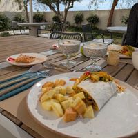 Breakfast - burrito, chia pudding and bougatsa at Mod Santorini in Santorini