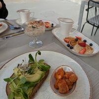 Breakfast - avocado toast, porridge and pancakes at Mod Santorini in Santorini