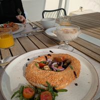 Breakfast - bagel, rice pudding and cheesecake at Mod Santorini in Santorini