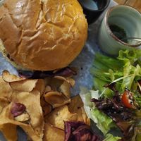 Veggie burger with homemade patty at Ao Largo in Odeceixe