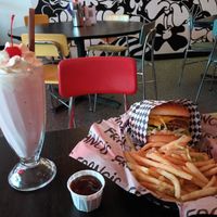 Strawberry milkshake. Double cheeseburger with fries. Swirl soft serve. at FRANCIS in Minneapolis