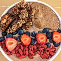 Chocolate protein smoothie bowl at Banacado in Stockholm