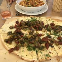 Vegan flammkuchen and lentil bolognese. at Klosterstube Heisterbach in Koenigswinter