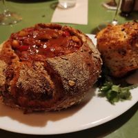 Bread bowl with chili sin carne - chickpeas, white beans, chipotle, tomato, LOTS of cumin... at Marstang in Marstal