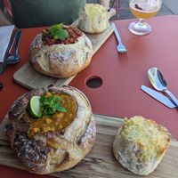 Chili and curry in a bread bowl. at Marstang in Marstal
