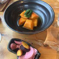 Kabocha squash and pickles vegetables  at Izakaya Gama in Point Arena