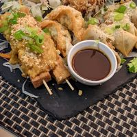 Starters of tofu satay, vegetable gyoza, duckless spring roll and corn fritters at Morans in Westward Ho