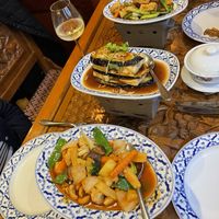 Stir fried vegetables, tofu and aubergine and tofu and mushroom.   at Thai Emerald in Cirencester