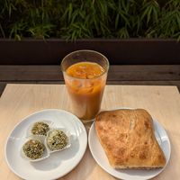 Tide Truffles, cold brew, and ciabatta bread at Sea Level Bakery + Coffee in Cannon Beach