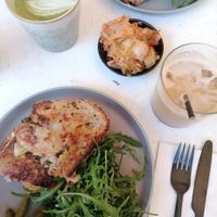 Vegan cheese sandwiches, kimchi, iced latte and matcha at Common Ground in North London