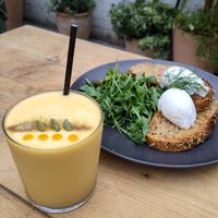 My friend had this beautiful mango lassi (vegan) and poached eggs on toast (veggie not vegan) at Common Ground in North London