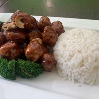 General Tso’s Chicken with white rice  at CoCo Lin Vegetarian House in Ridgewood