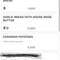 Menu with allergens marked - bread, garlic bread and Potatoes suitable when without extra sauces at Bistro del Puerto in Lanzarote