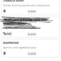Vegan soups - allergens marked on menu at Bistro del Puerto in Lanzarote