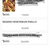 Vegan paella - allergens marked on menu at Bistro del Puerto in Lanzarote