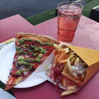 Vegan pizza and fries at Escape to Freight Island in Manchester