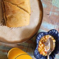 Ciabatta, fruit salad and juice at Sow Cake Lounge in Sao Paulo
