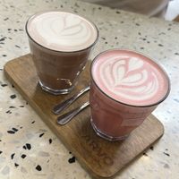 Beetroot latte and hot chocolate   at Arvo Specialty Coffee (Guggenheim) in Bilbao