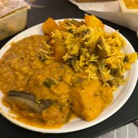 Vegan, korma with Vege, Tarka, Dahl, mix veg, courgettes, potato with mushroom fried rice. at Daakoo in North West London