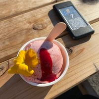 strawberry rhubarb ice cream with edible flower
 at Vegan Ramen UZU Tokyo in Tokyo