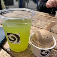 Cold brew green tea yuzu drink and soybean flour coffee ice cream  at Vegan Ramen UZU Tokyo in Tokyo